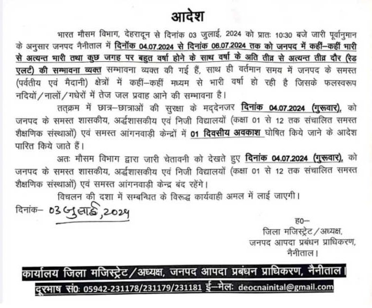 उत्तराखंड: भारी बारिश का अलर्ट, इन जिलों में बंद रहेंगे स्कूल