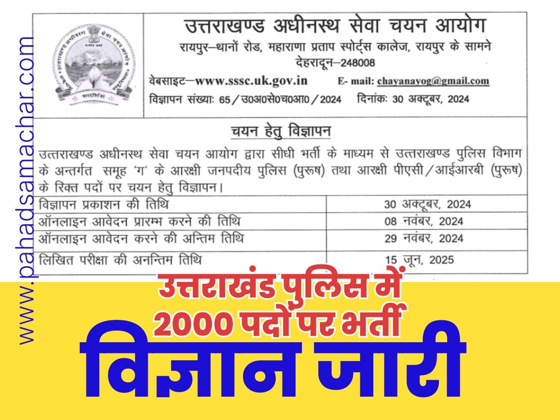 उत्तराखंड: युवाओं को दीपावली का तोहफा, पुलिस में 2000 हजार पदों पर भर्ती का विज्ञापन जारी