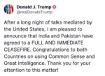 भारत-पाकिस्तान संघर्ष विराम पर सहमत: अमेरिकी राष्ट्रपति ट्रंप ने X पर किया एलान