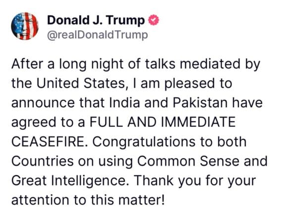 भारत-पाकिस्तान संघर्ष विराम पर सहमत: अमेरिकी राष्ट्रपति ट्रंप ने X पर किया एलान