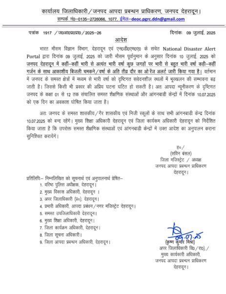 देहरादून में भारी बारिश को लेकर अलर्ट, 10 जुलाई को सभी स्कूल-कॉलेज रहेंगे बंद