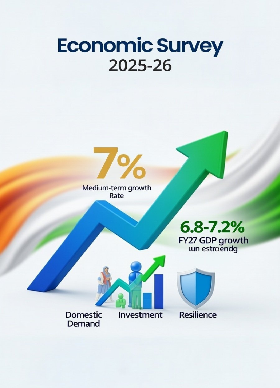 आर्थिक सर्वेक्षण 2025-26: भारत की मध्यम अवधि विकास दर 7% पर, FY27 में GDP ग्रोथ 6.8-7.2% अनुमानित