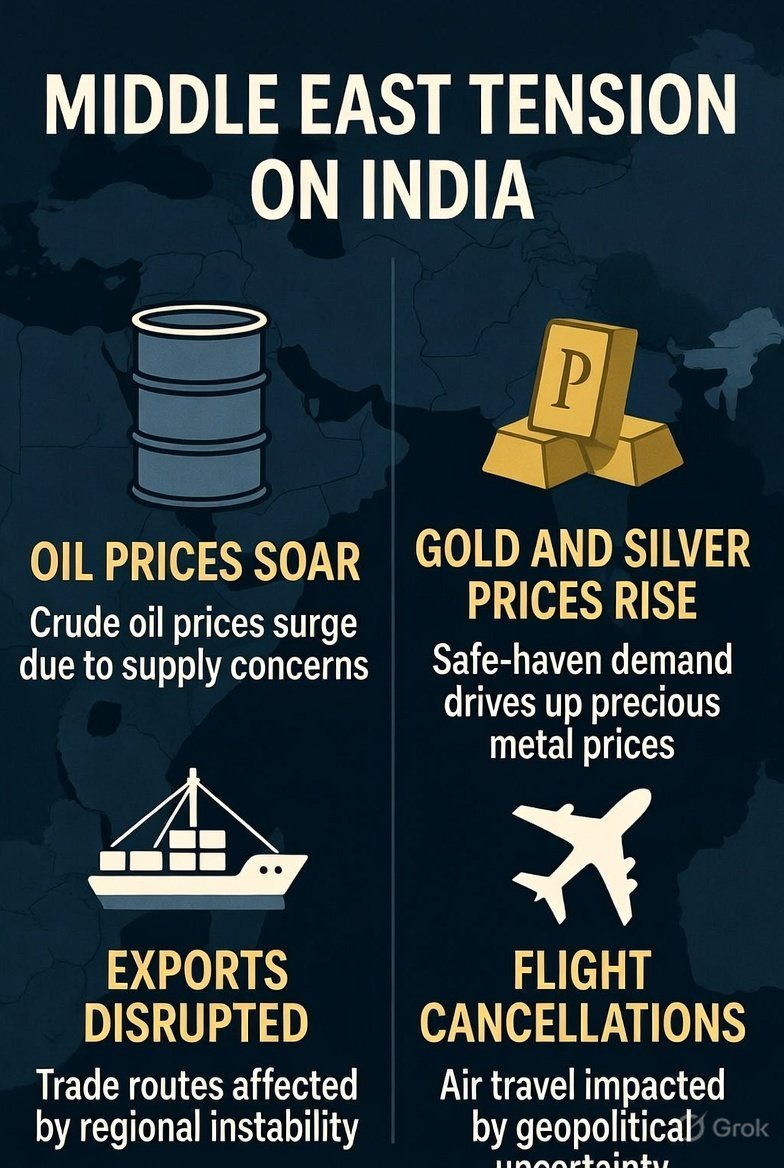 मिडिल ईस्ट तनाव से भारत पर गहरा असर: तेल आपूर्ति खतरे में, सोना-चांदी में उछाल, एक्सपोर्ट और उड़ानें प्रभावित