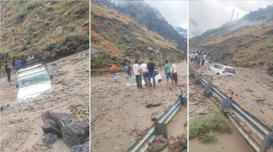 मानसून का कहर: अचानक आई बाढ़ से NH-5 ठप, कई गाड़ियां मलबे में धंसी, लंबा जाम